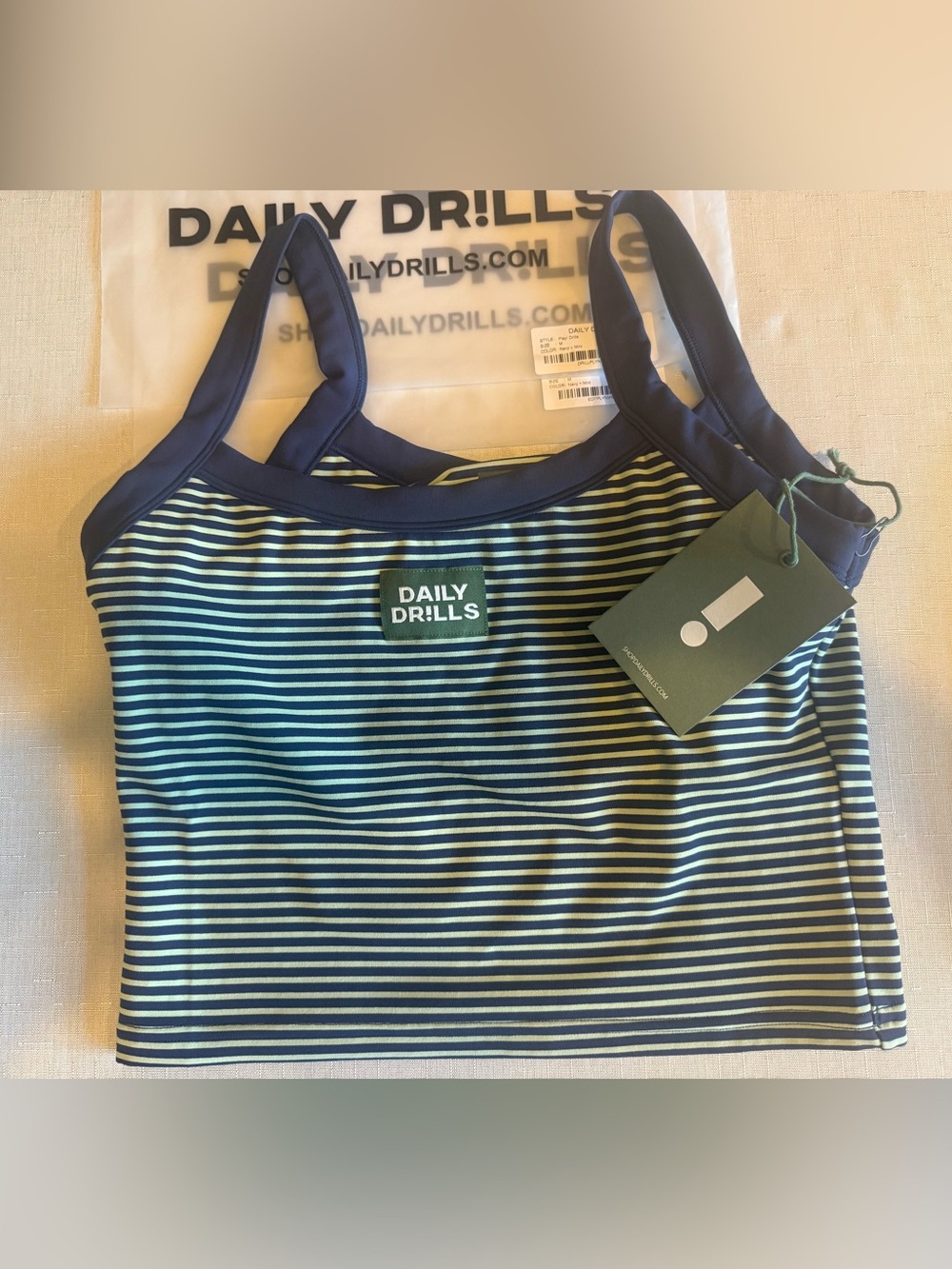 Daily Drills Mint and Navy Stripe Tank- NWT